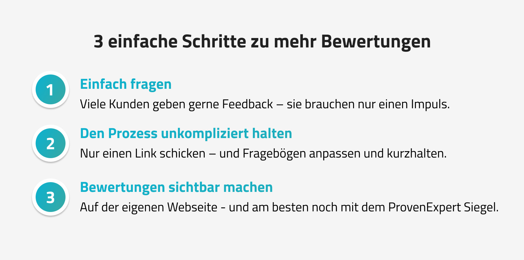 3 einfache Schritte zu mehr Kundenbewertungen mit ProvenExpert: fragen, Prozess vereinfachen, Bewertungen sichtbar machen
