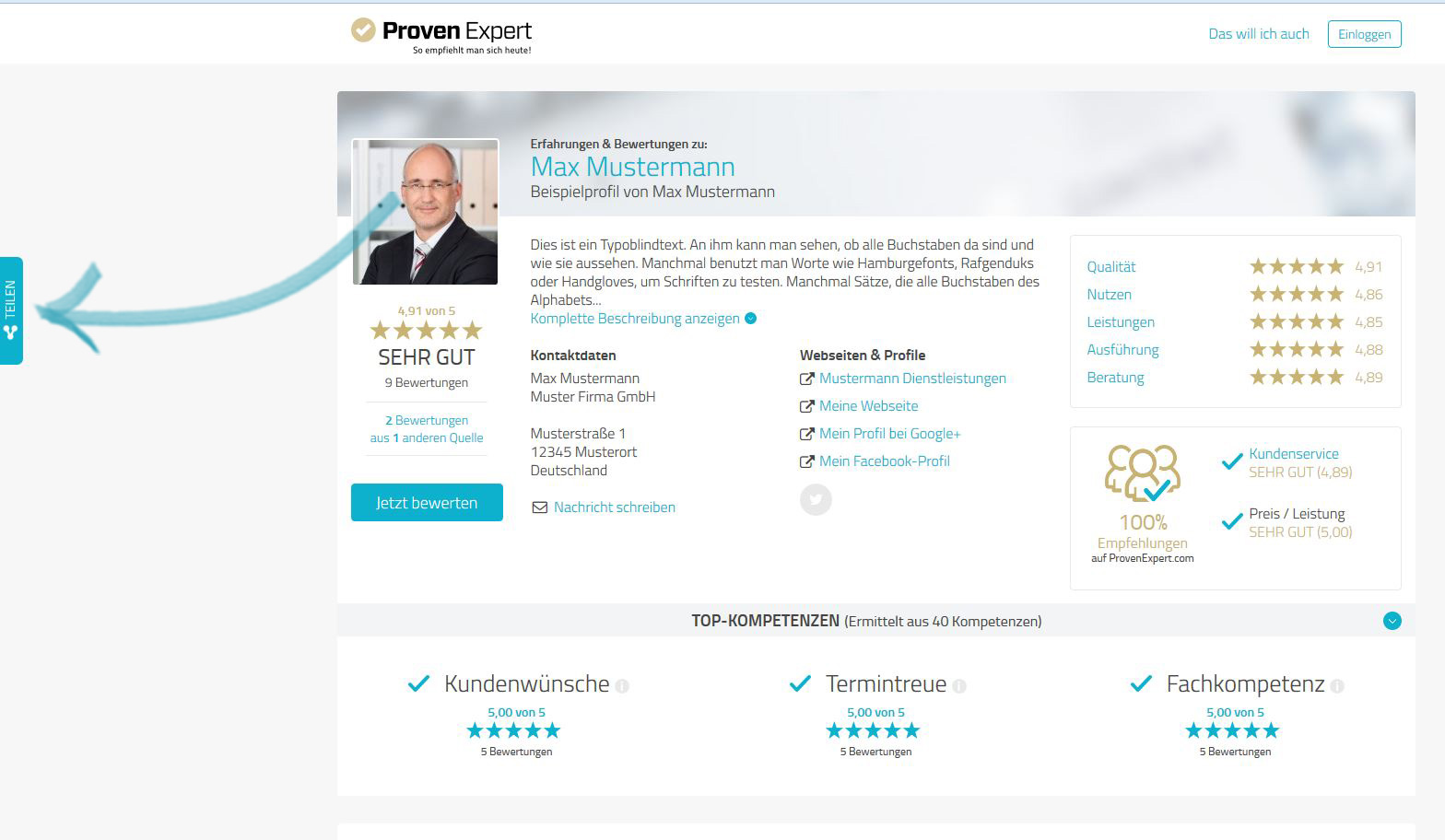Bewertungsprofil und Kundenfeedback teilen
