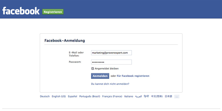 Melden Sie sich mit Ihren Benutzerdaten bei Facebook an.