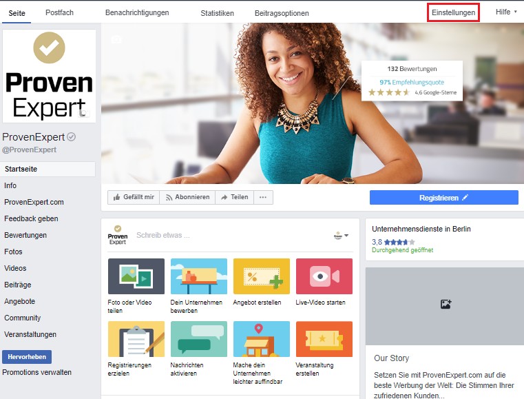Und wählen nun den Menüpunkt „Seite bearbeiten“. Hier können Sie mit gedrückter Maustaste den Reiter „Feedback geben“ an die gewünschte Position bringen in ihrem Profil bringen. Ein Klick auf die Einstellungen des Reiters eröffnet weitere Individualisierungsmöglichkeiten.