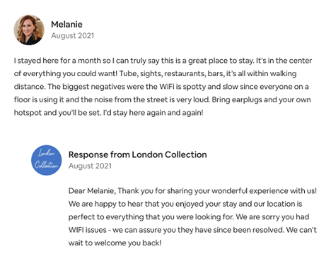 great reply of a business to a review from customer